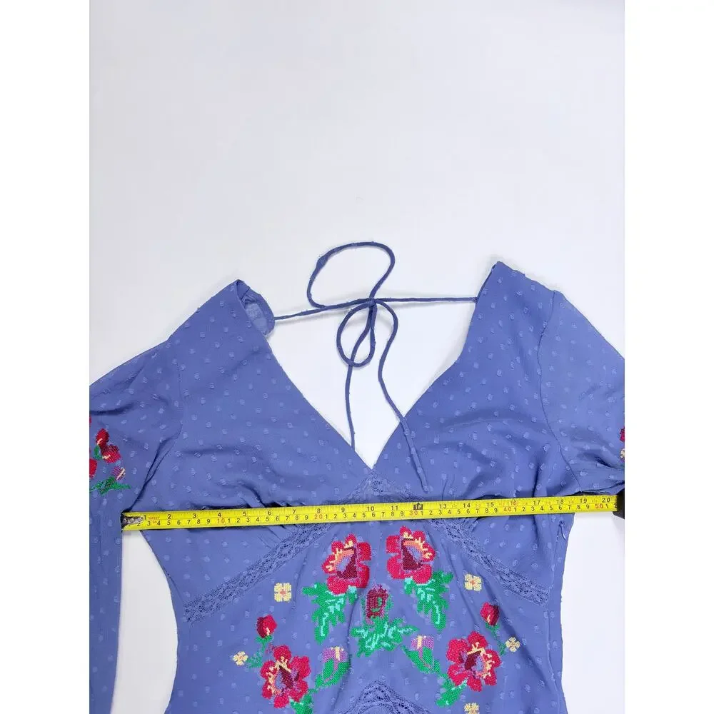 ASOS DESIGN Embroidered Floral Mini Dress 10 Blue Swiss Dot Cottagecore Boho NWT - Picture 13 of 14